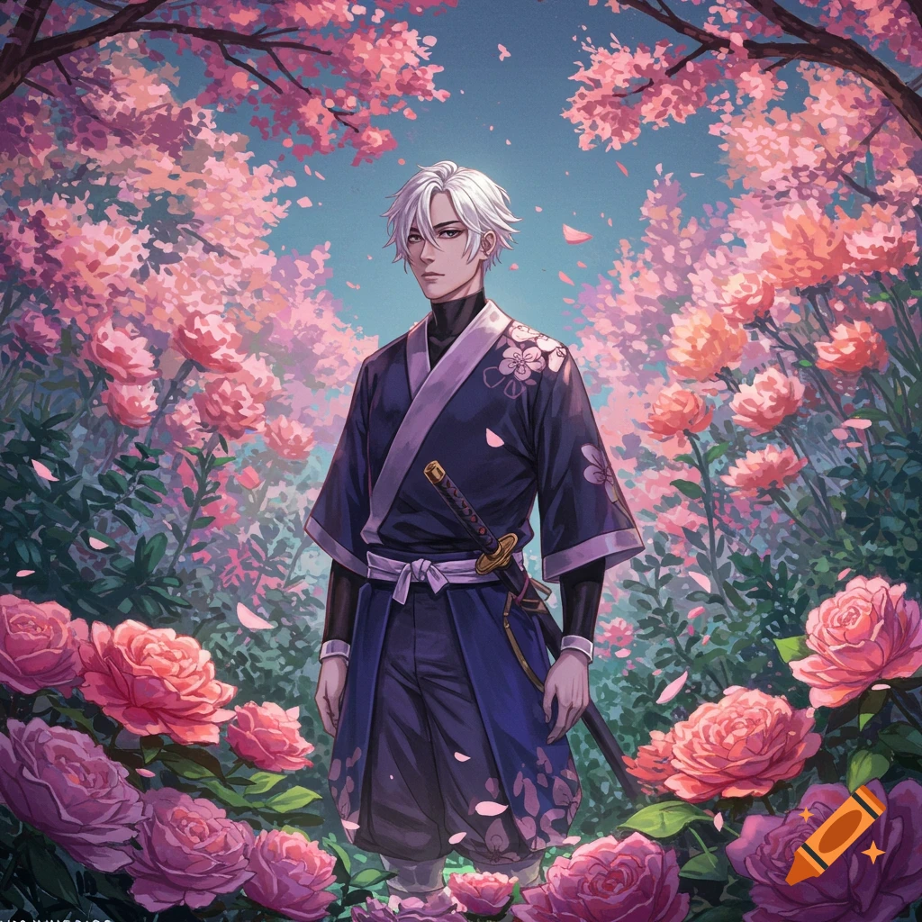 An anime man with white hair in a dark kimono and katana stands in a vibrant garden of pink cherry blossoms and roses.