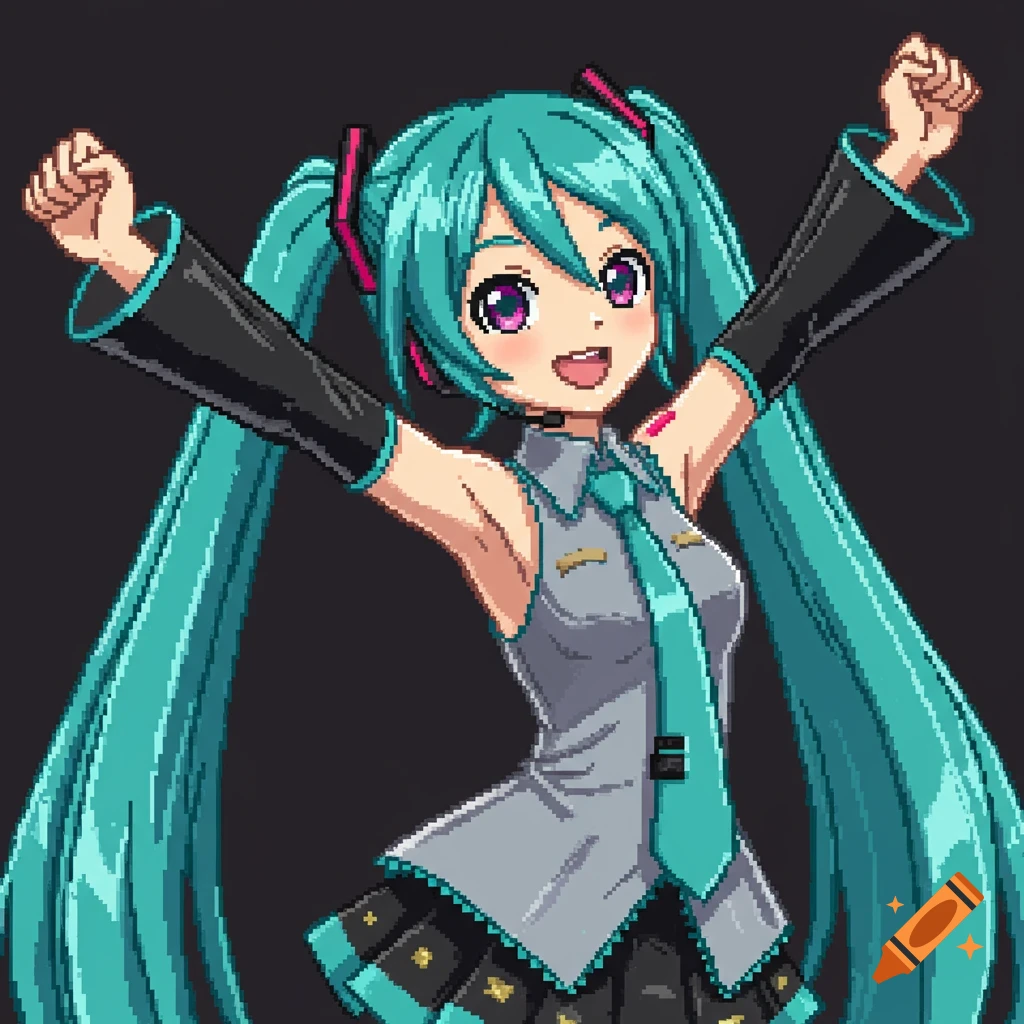 Hatsune Miku in a pixel art style, raising her arms in excitement.