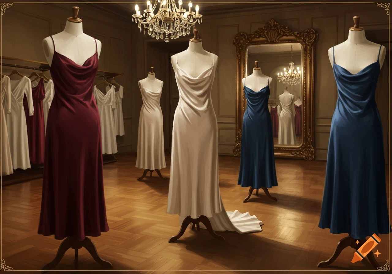 Elegant red, white, and blue dresses on mannequins in a luxurious showroom with a chandelier and mirror.
