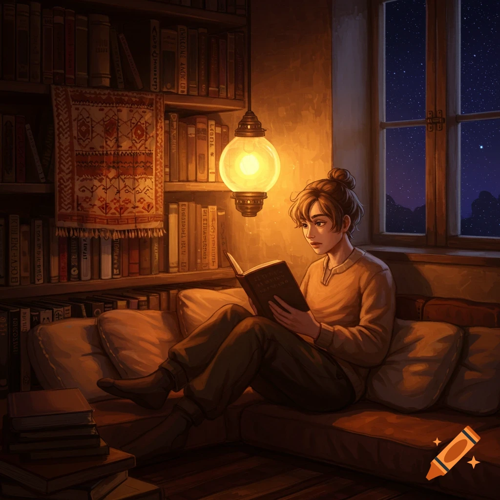 A person reads a book on a couch in a warm, dimly lit room with bookshelves and a window showing a starry night. Illustrated style.