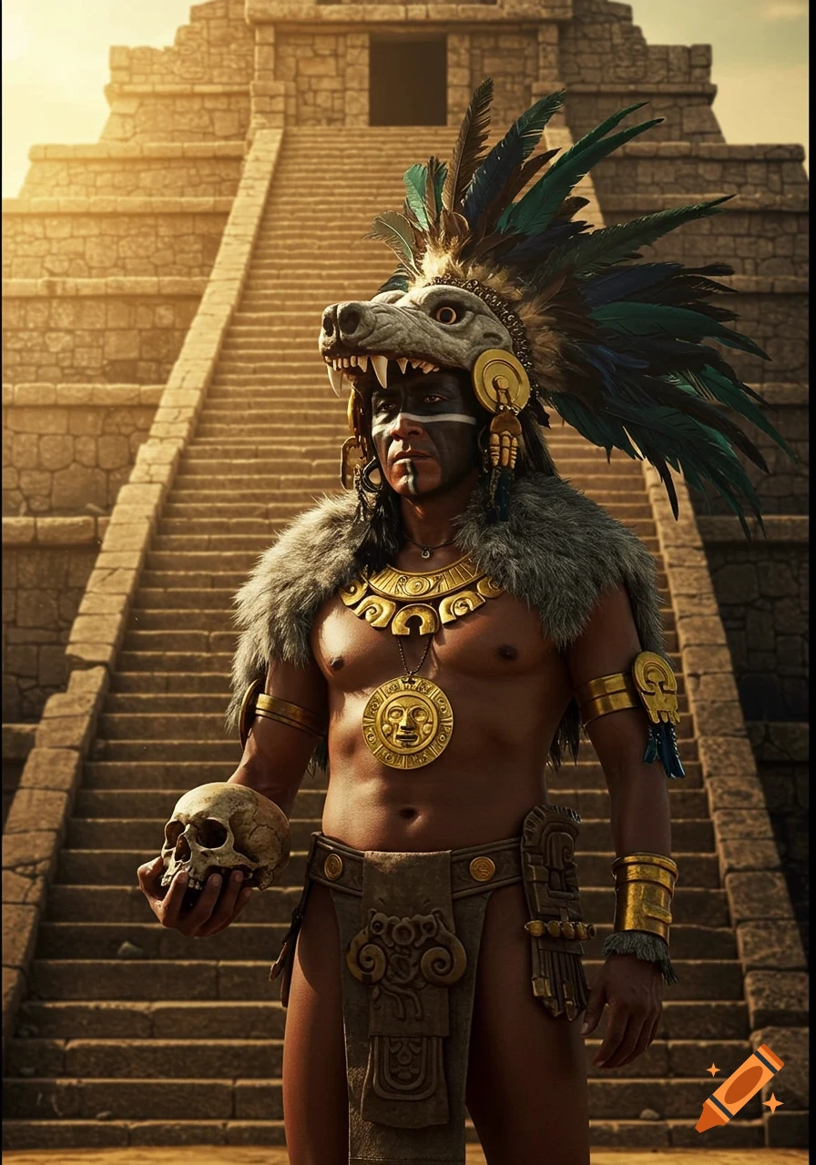 Photorealistic image of an Aztec priest wearing a wolf headdress and body paint, holding a skull, standing before a temple.