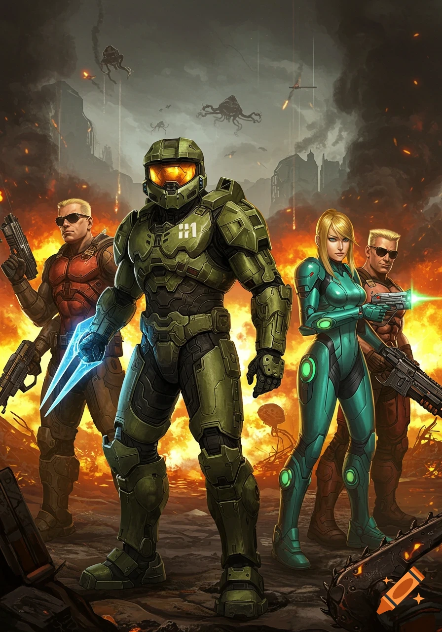 Master Chief, Samus Aran, Duke Nukem, and Doomguy stand armed in a fiery, war-torn landscape.
