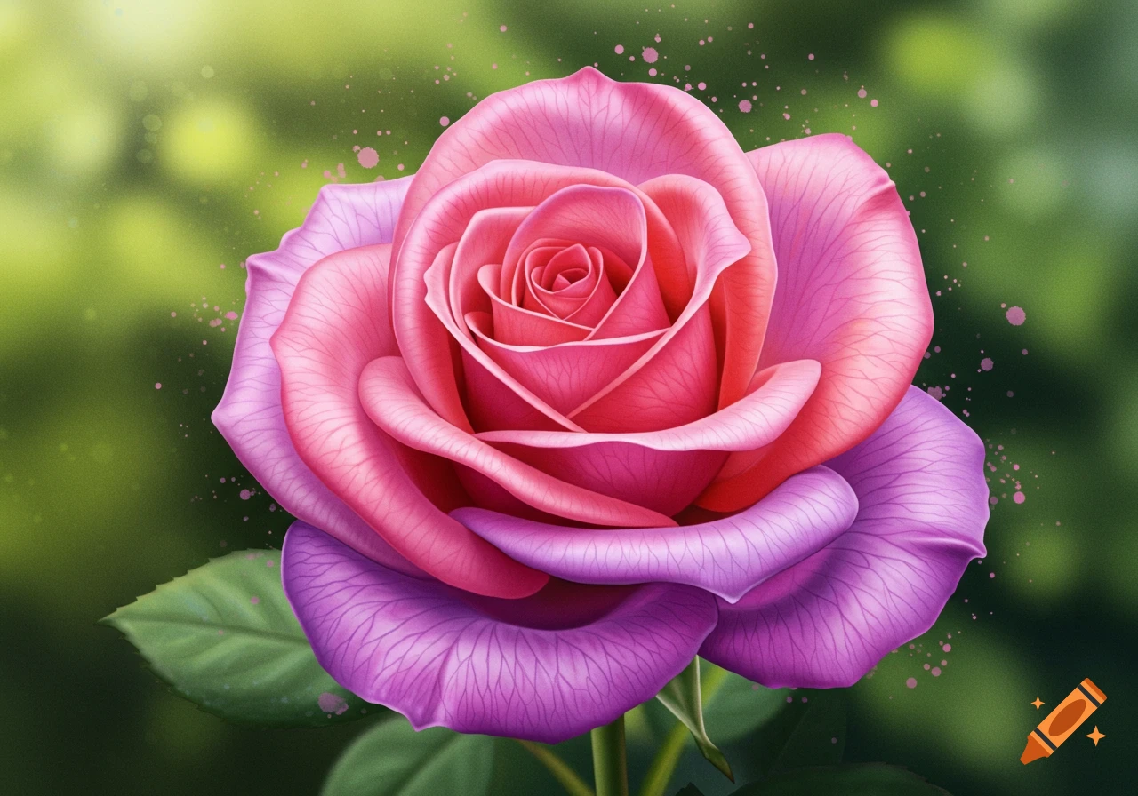 A detailed painting of a vibrant pink and purple rose against a softly blurred green background.
