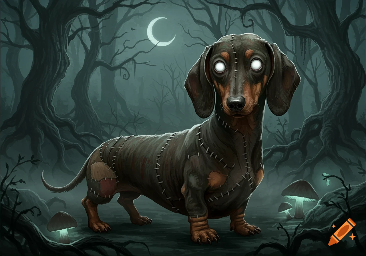 A stylized zombie dachshund with stitched skin and glowing white eyes stands in a dark, eerie forest under a crescent moon, surrounded by twisted trees and glowing mushrooms.