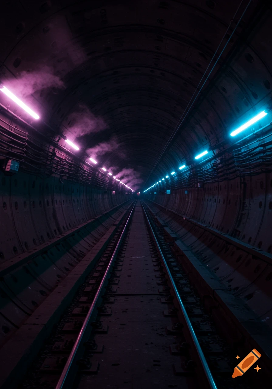 Dark subway tunnel with train tracks illuminated by glowing pink and blue lights.