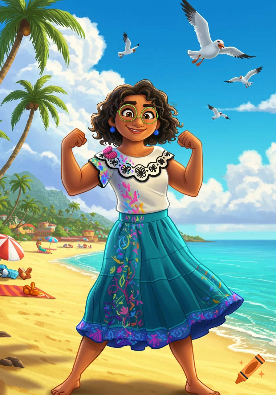 Mirabel from Encanto flexing her muscles at a sunny tropical beach with palm trees and seagulls.