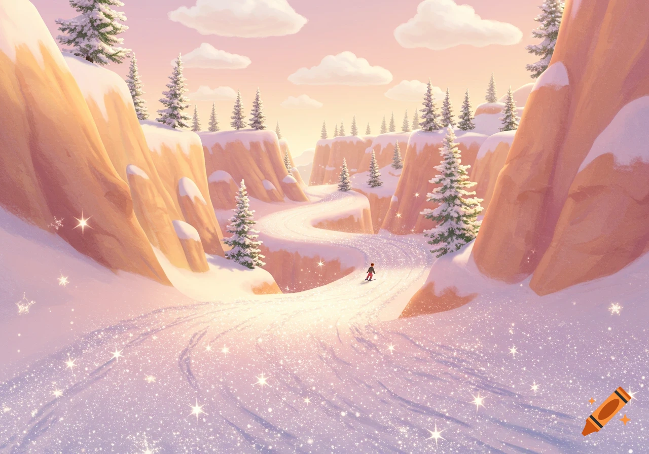 A whimsical, sparkling snowy canyon with a winding path and a small person skiing, surrounded by pine trees under a pastel sky.