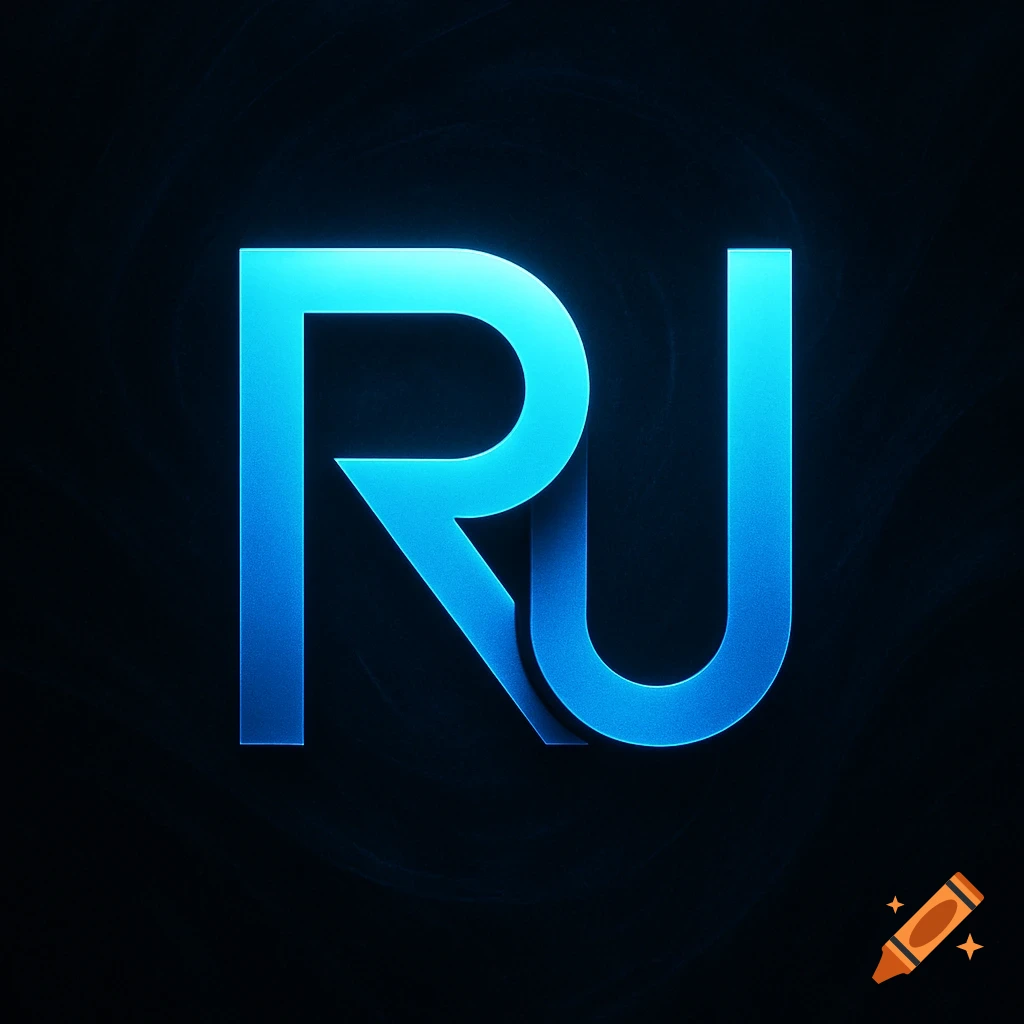 A blue glowing monogram logo with the letters 'RU' on a dark background.