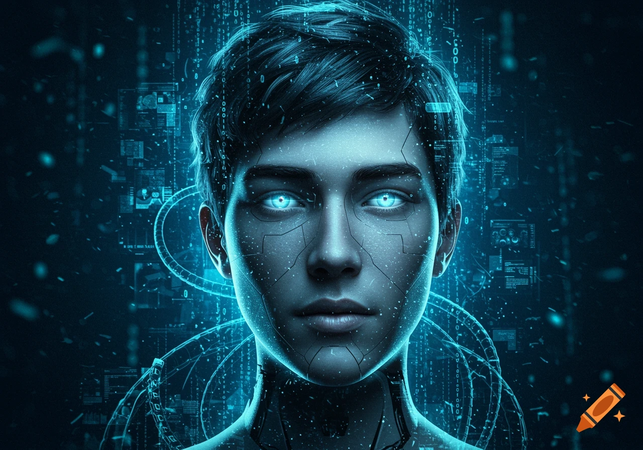 A stylized portrait of a person with glowing blue eyes and circuit-like lines on their face, surrounded by shimmering blue digital code and data on a dark background.
