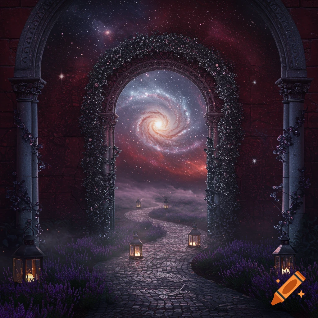 A stone archway covered in vines opens to a vibrant galaxy in a night sky, with a lantern-lit path through lavender fields.
