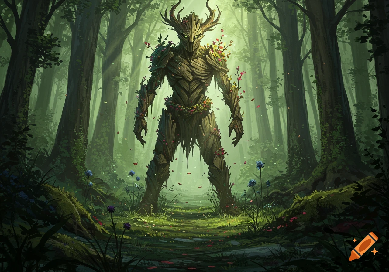 A tree guardian with antlers and flowers stands on a forest path in a fantasy art style.