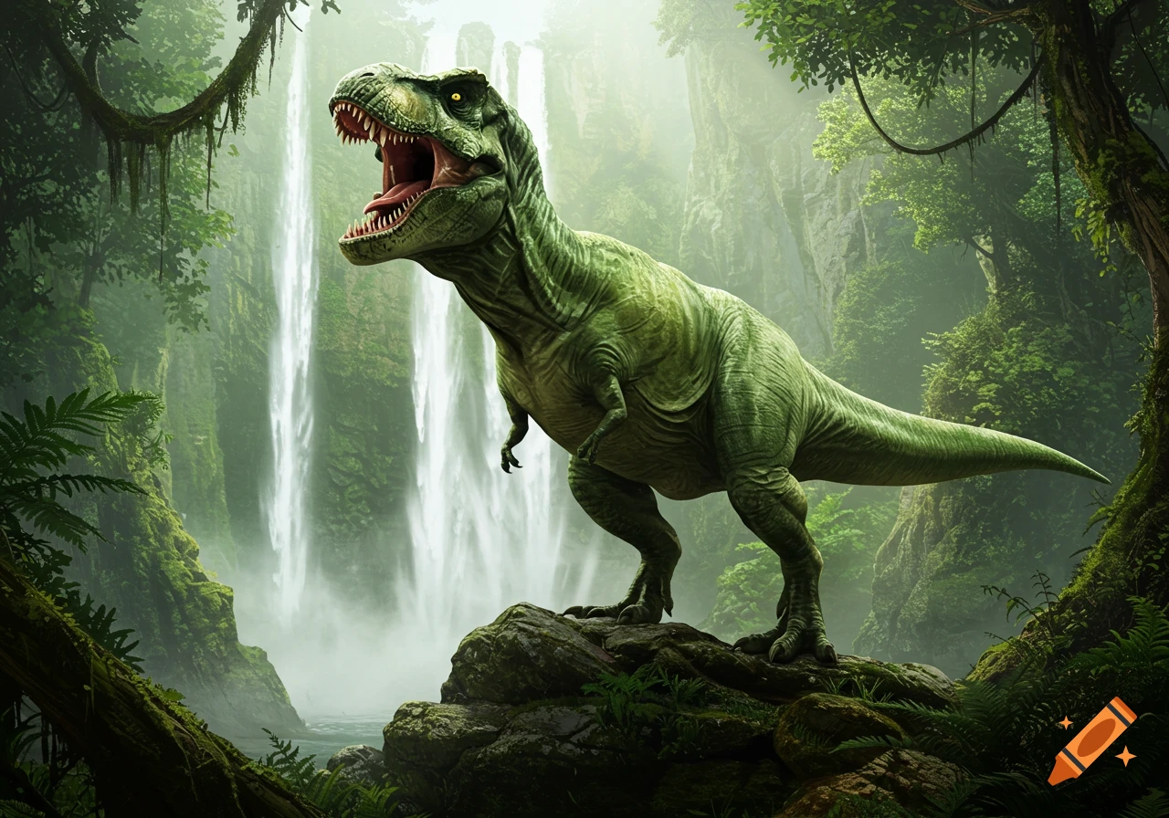 A photorealistic green T. rex roaring on a rock in a lush jungle with a large waterfall in the background.