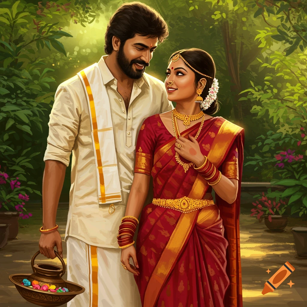 A man in a white dhoti and a woman in a red and gold sari smiling at each other in a lush green garden.