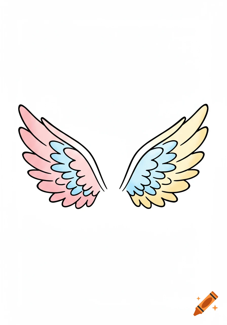 A pair of colorful cartoon angel wings with pink, blue, and yellow feathers, outlined in black, on a white background.