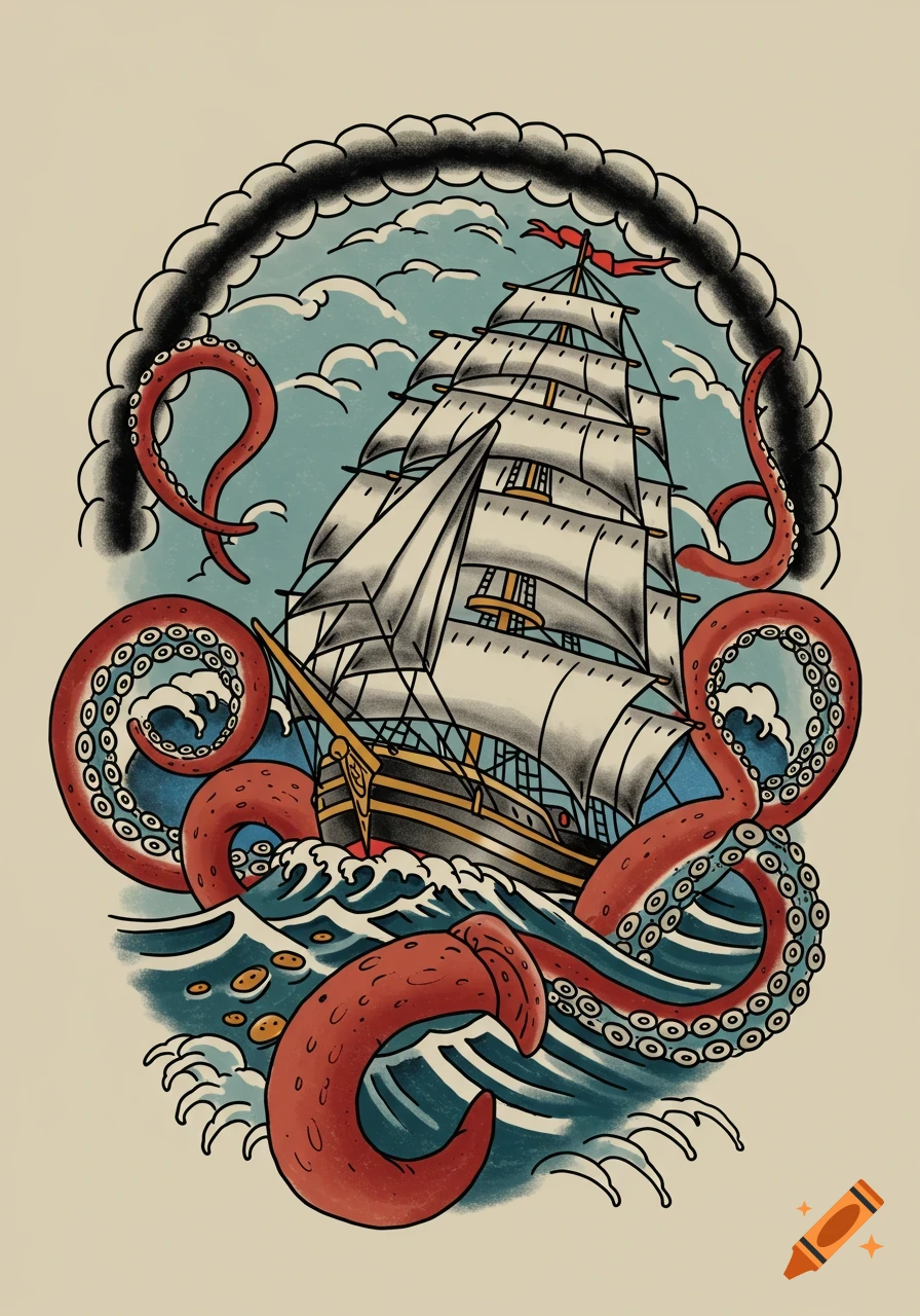 A clipper ship battles a red kraken on a stormy sea, depicted in classic American traditional tattoo style.