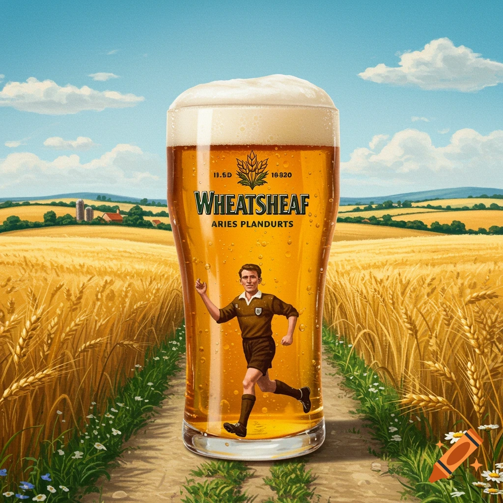 An illustrative image of a large glass of beer on a dirt path in a golden wheat field under a blue sky, with a man in a brown referee uniform running inside the glass.