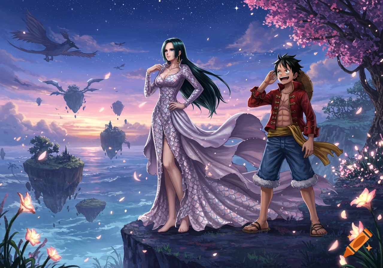 Anime characters Hancock and Luffy on a cliff overlooking floating islands in a fantasy sunset landscape with a pink-flowered tree.