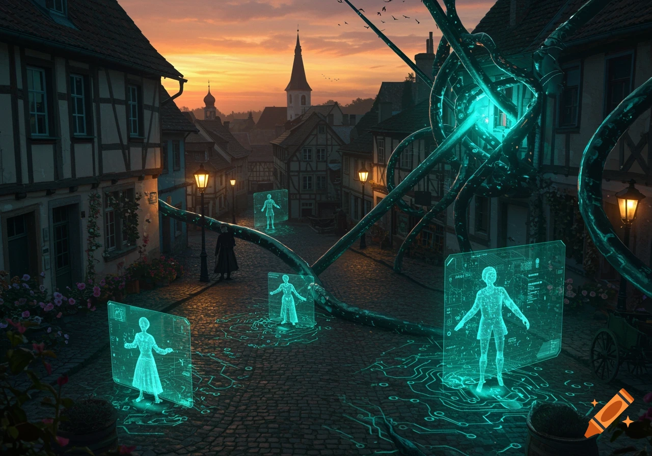 An old-world cobblestone town with half-timbered houses at sunset is invaded by glowing teal AI tendrils and holographic screens displaying human figures and circuit patterns.
