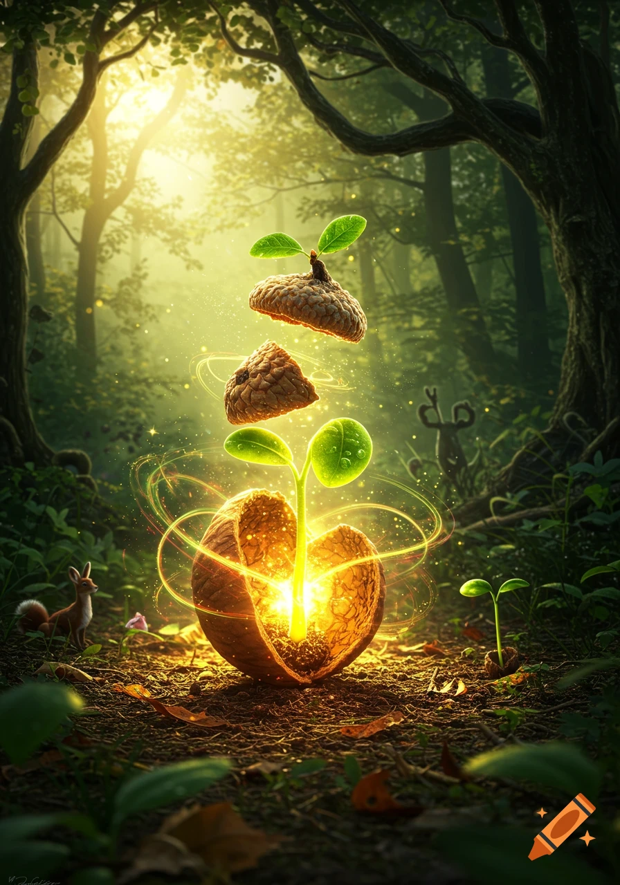 A glowing seed sprouts into a plant in a mystical forest, with parts of the seed floating above, and a small fox nearby.