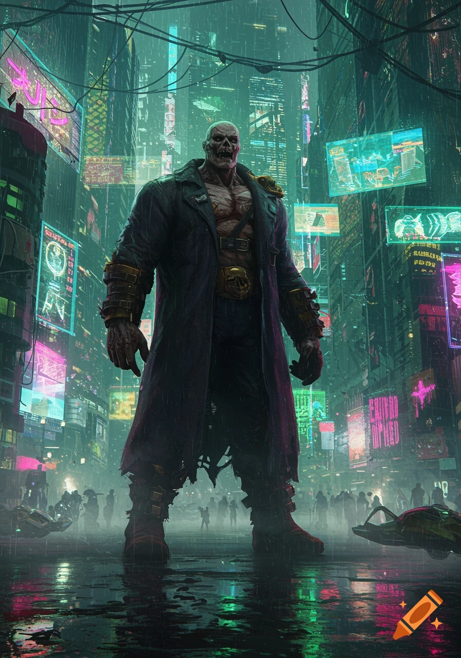 A massive, zombie-like figure in a long coat stands in the rain in a neon-lit cyberpunk city, with futuristic vehicles in the background.