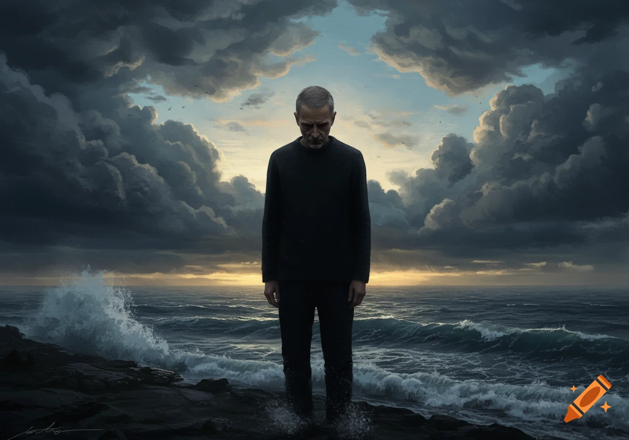 A gaunt, distraught man stands on a rocky shore, looking down at the choppy ocean under a dramatic, cloudy sky at sunset.