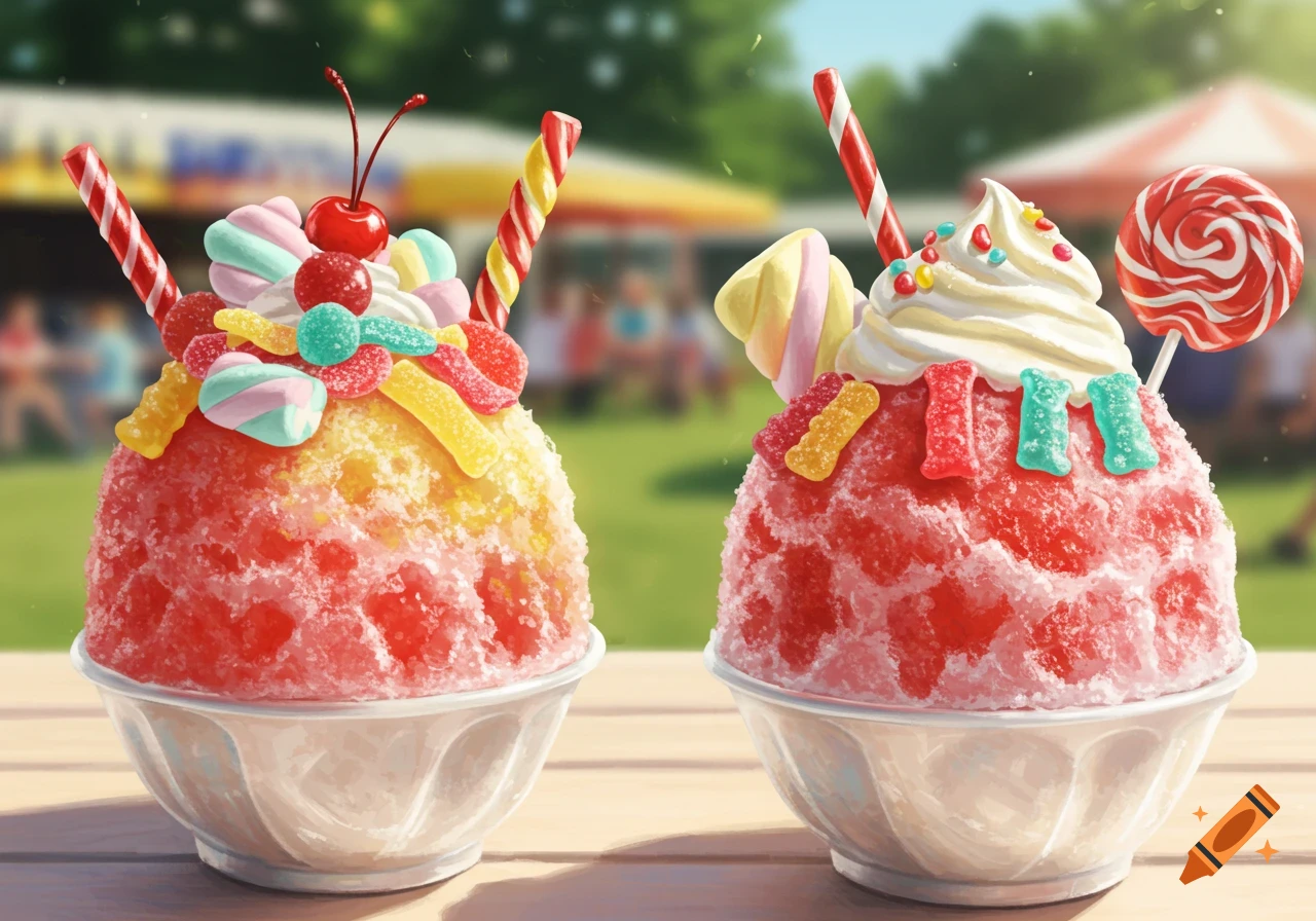 Two colorful snow cones topped with candy and lollipops, on a wooden table at an outdoor fair.
