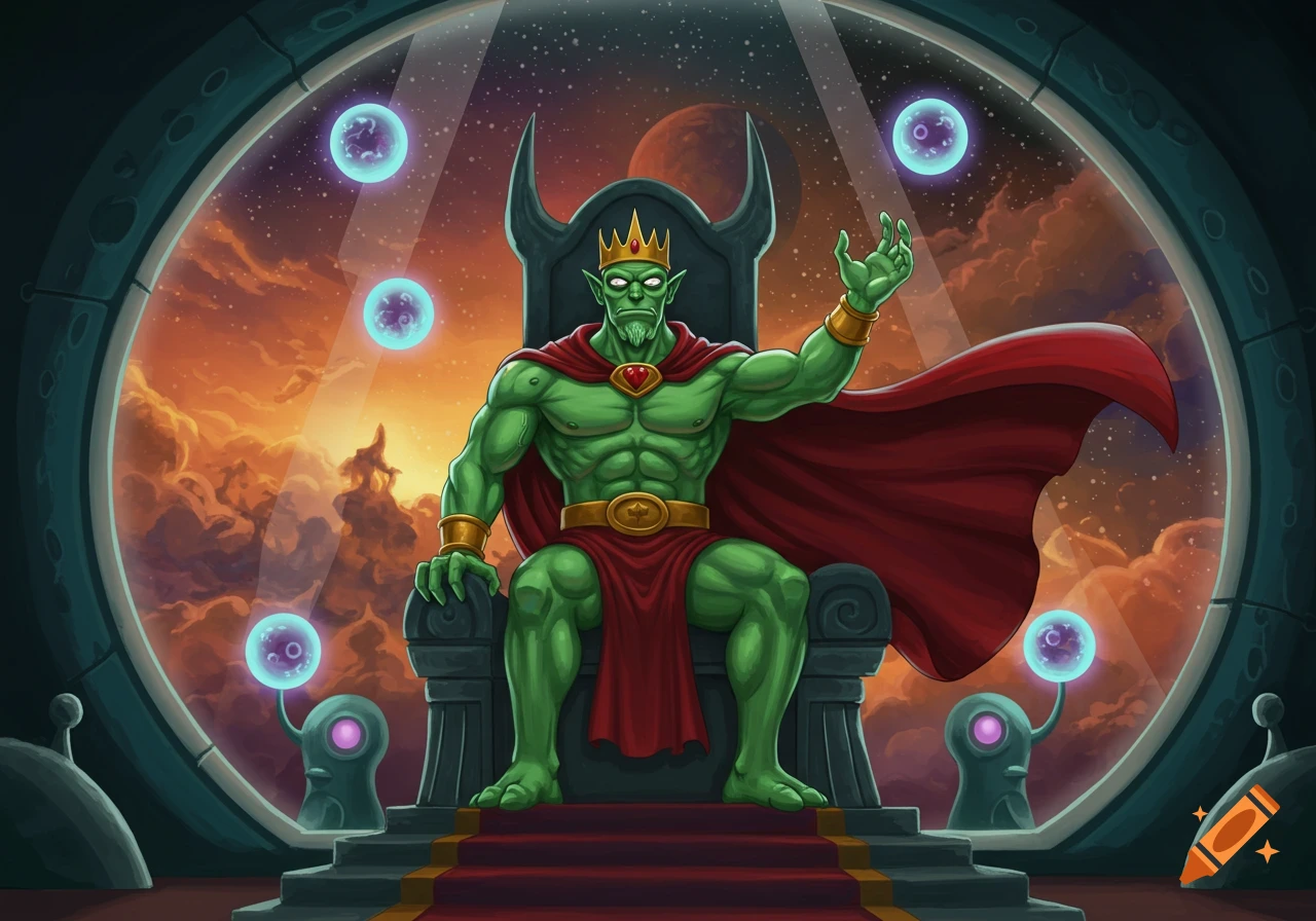 A green alien king with a crown and red cape sits on a throne, with a cosmic sunset and glowing orbs visible through a large window. Cartoon style.