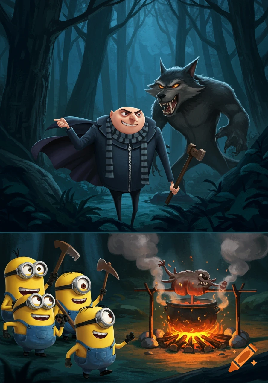 Gru and Minions in a dark forest, fighting and then cooking a werewolf over a campfire.