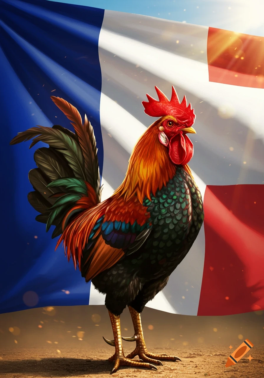 A colorful rooster stands proudly in front of a waving French flag under a sunny sky.
