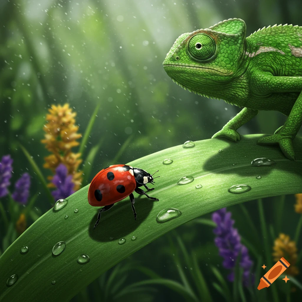 A vibrant green chameleon on a wet leaf looks towards a small red ladybug, with green foliage and purple and yellow flowers in the background.