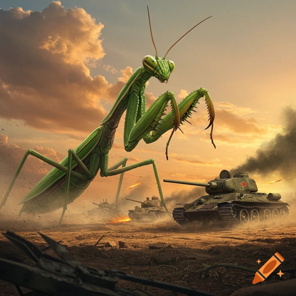 A massive green praying mantis looms over T-34 tanks engaging in battle in a dusty desert landscape under a dramatic sunset sky, with explosions in the background.