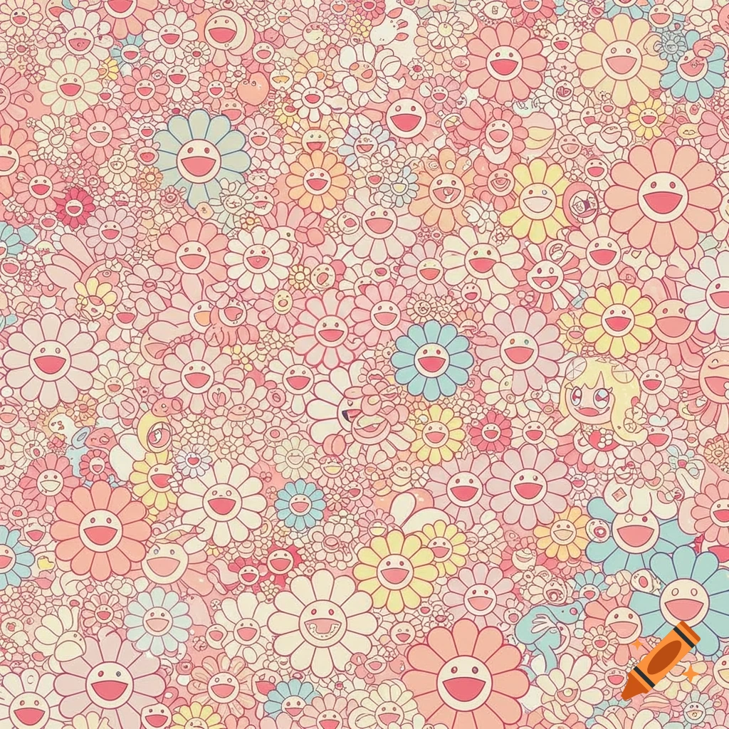 A dense pattern of smiling flowers in pastel pink, yellow, blue, and cream, in Takashi Murakami's pop art style.