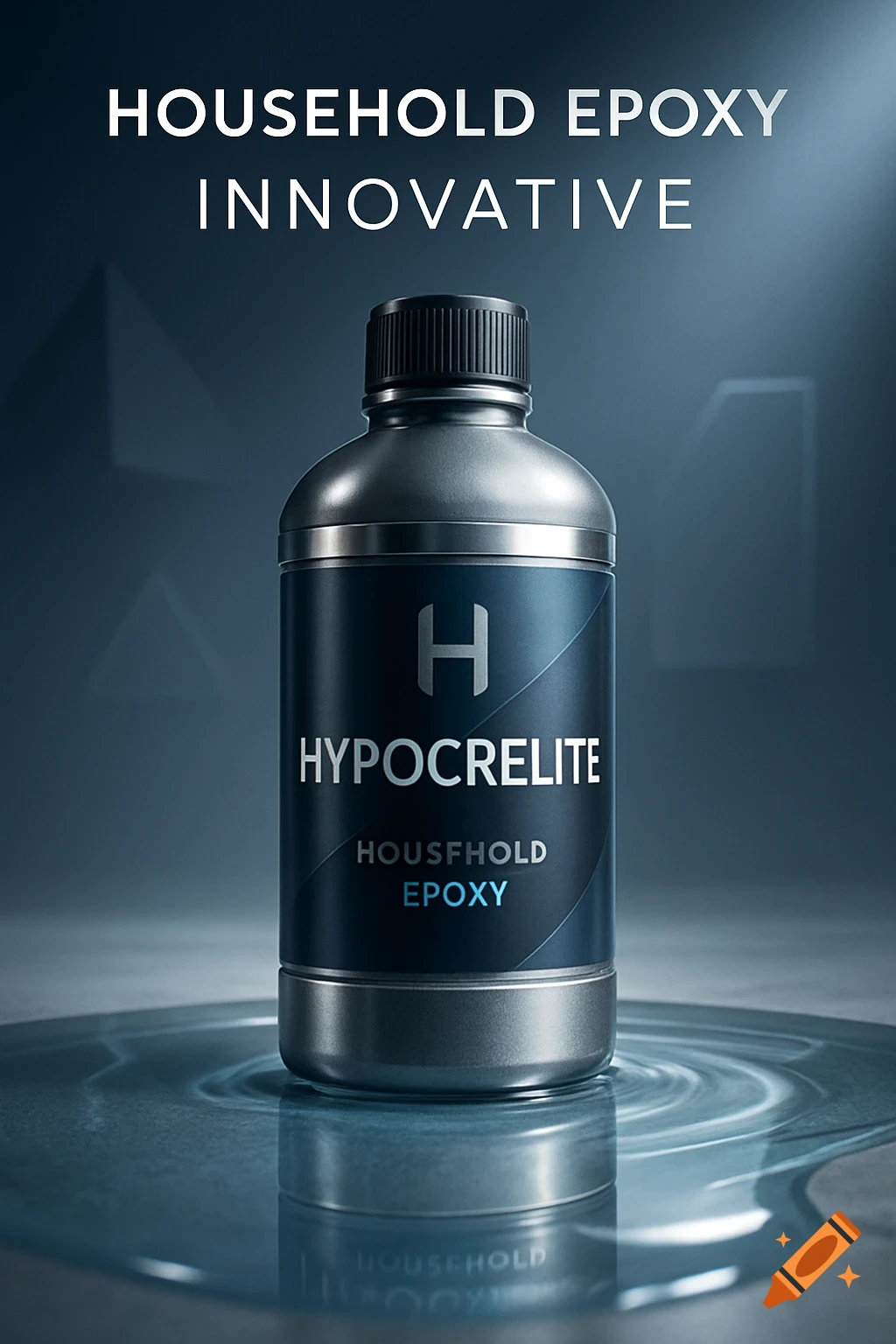 Photorealistic product photo of a grey bottle of Hypocrelite household epoxy on a wet surface.