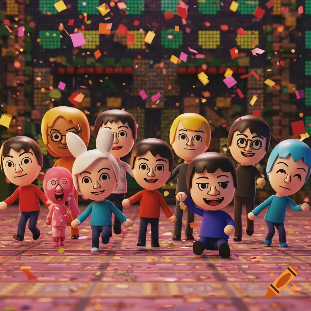 A group of cheerful Mii-style characters celebrating with colorful confetti falling around them.
