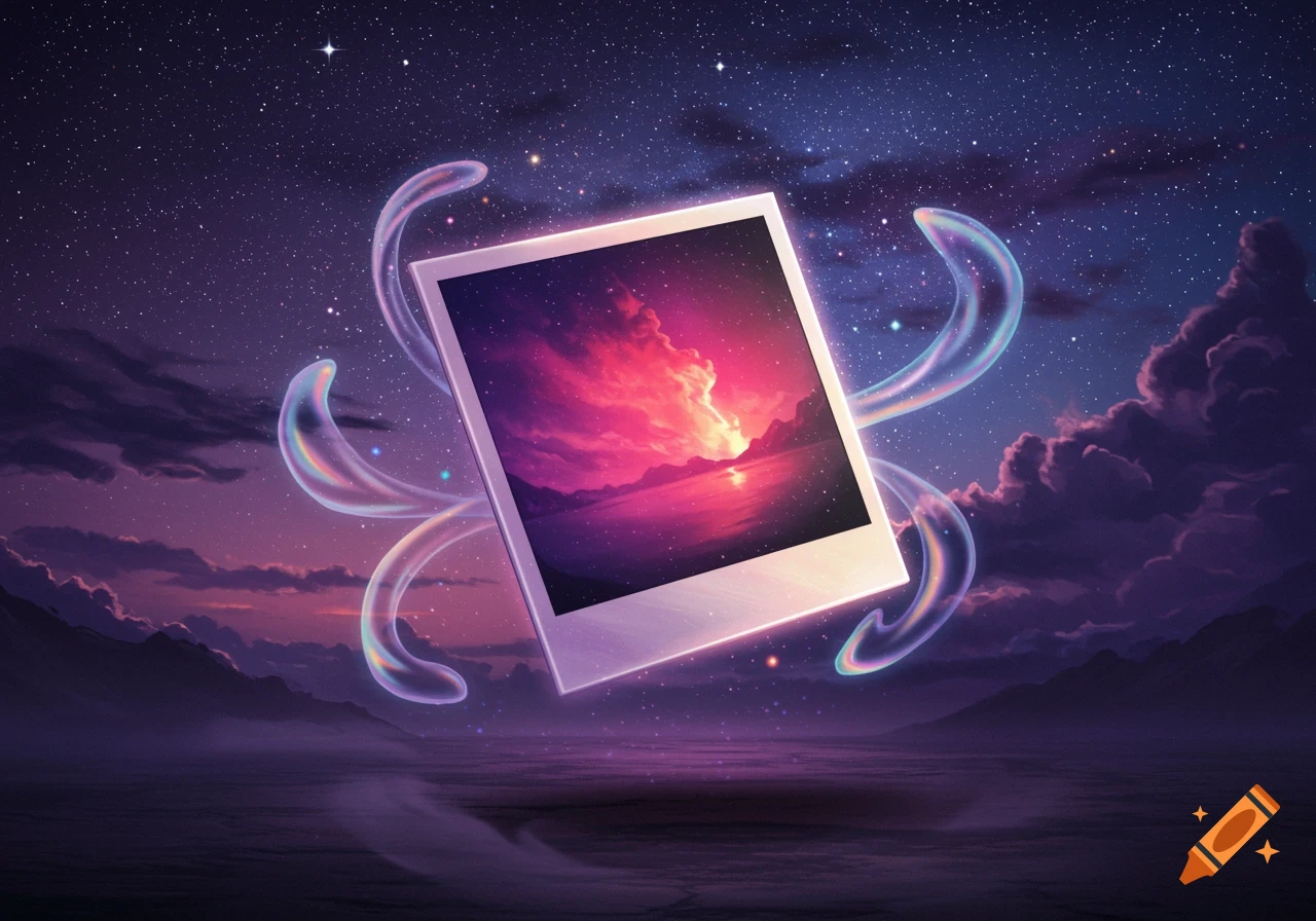 A polaroid photo floats in a starry cosmic landscape with mountains, surrounded by iridescent bubble-like shapes. The polaroid shows a vibrant pink and orange sunset over a lake.