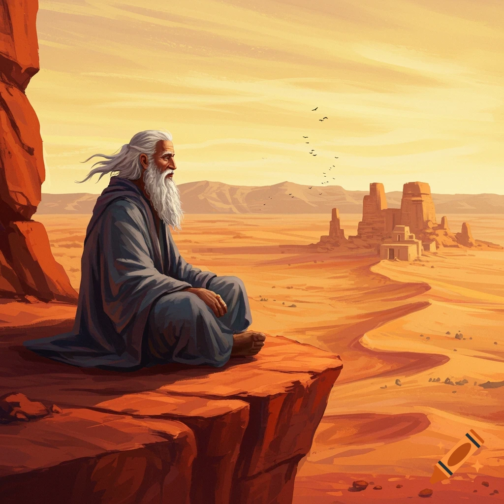 An old, bearded man in robes sits cross-legged on a red rock cliff overlooking a vast orange desert with ancient structures and mountains under a warm sky.