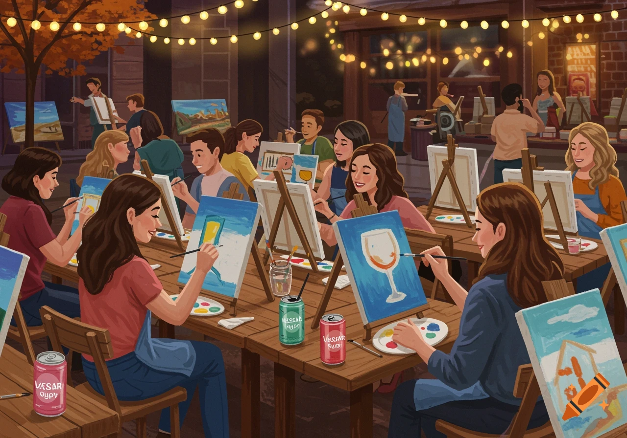 An illustration of a lively paint and sip event with many people painting at tables under string lights.