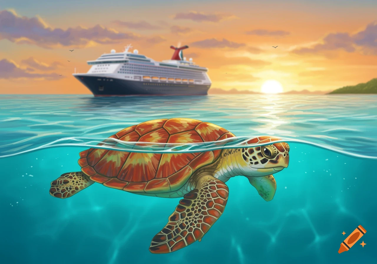 A colorful sea turtle swims in clear blue water with a large cruise ship in the background at sunset.