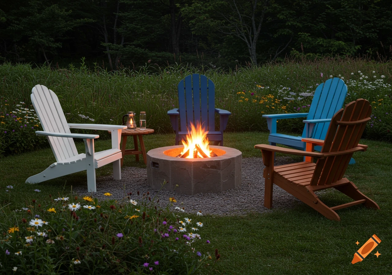 Four colorful Adirondack chairs surround a cozy fire pit in a lush garden at dusk.