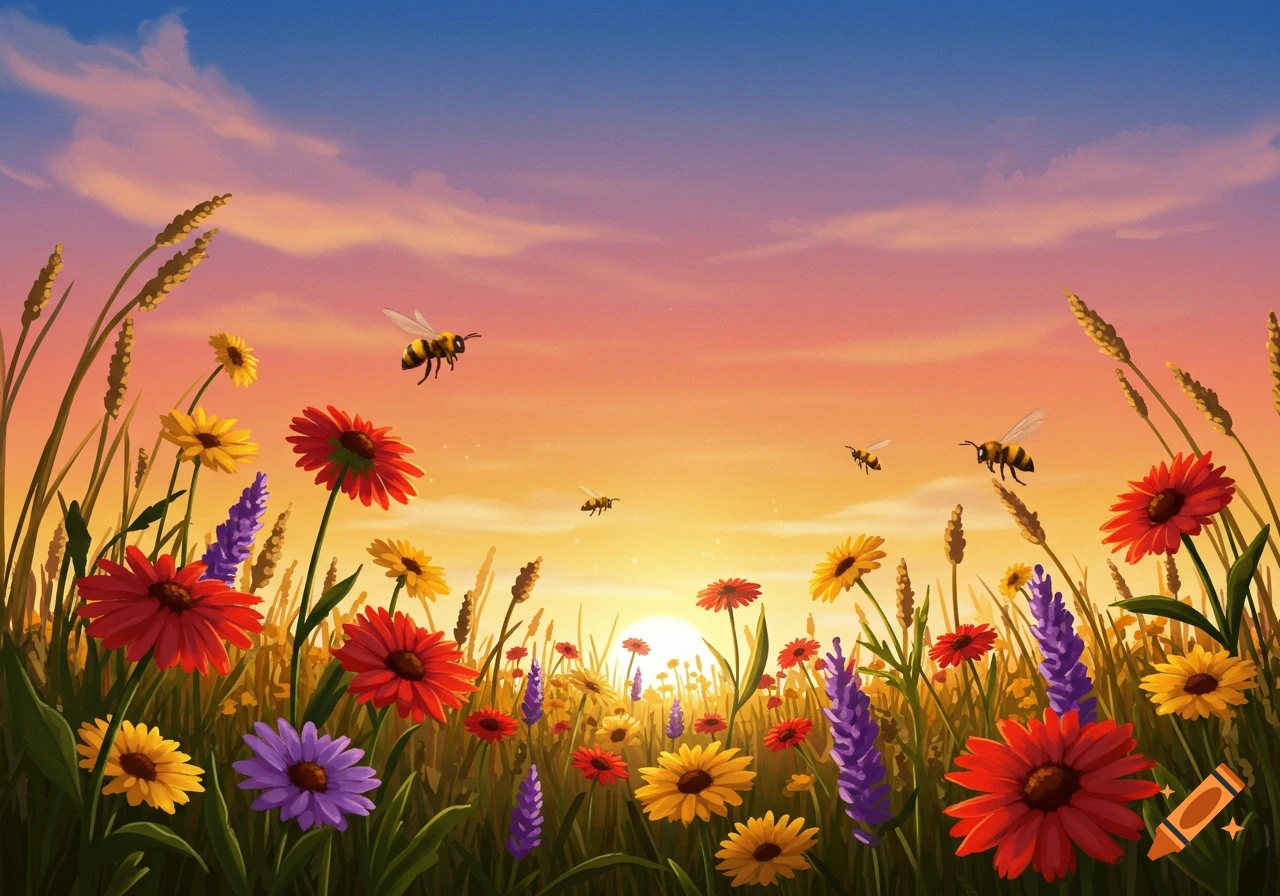 A vibrant field of red, yellow, and purple flowers with bees flying over them, set against a colorful sunset sky. Illustrated style.
