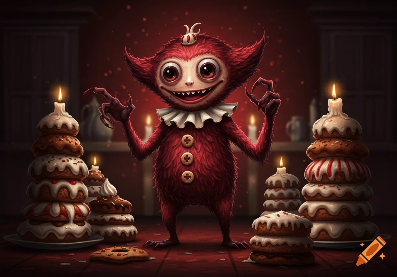 Red furry monster with big eyes and a wide smile, wearing a clown ruff, standing among stacks of candle-lit cookie cakes in a dark, stylized room.
