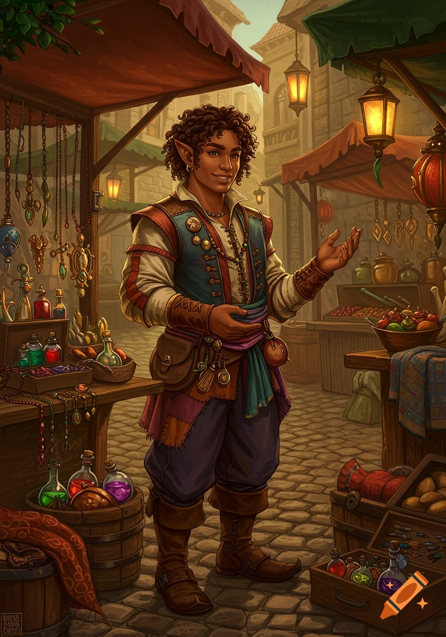 A smiling fantasy halfling merchant with curly brown hair and pointy ears stands in a bustling market stall.