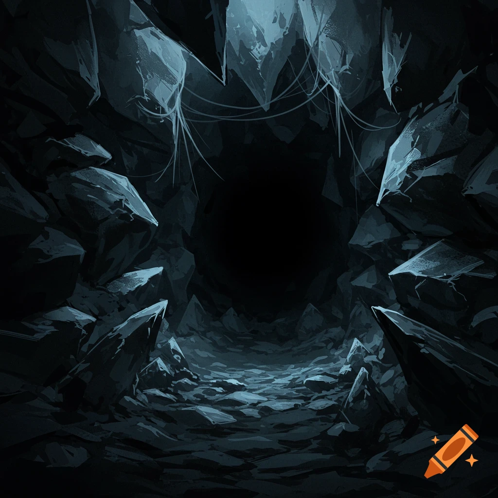 Dark fantasy illustration of a jagged cave entrance with sharp rocks and a black void.