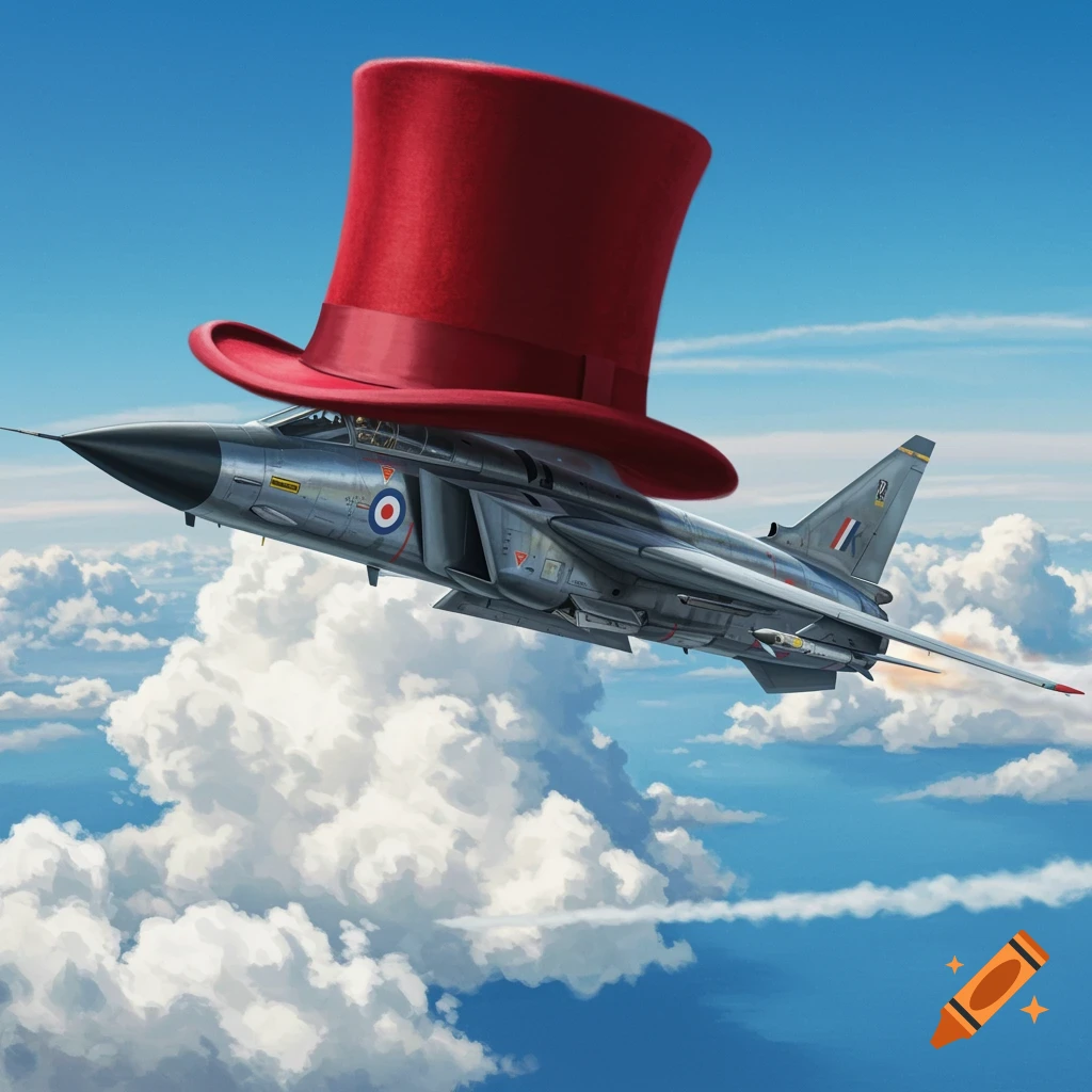 A military jet with a large red top hat on top of it, flying through a cloudy blue sky.