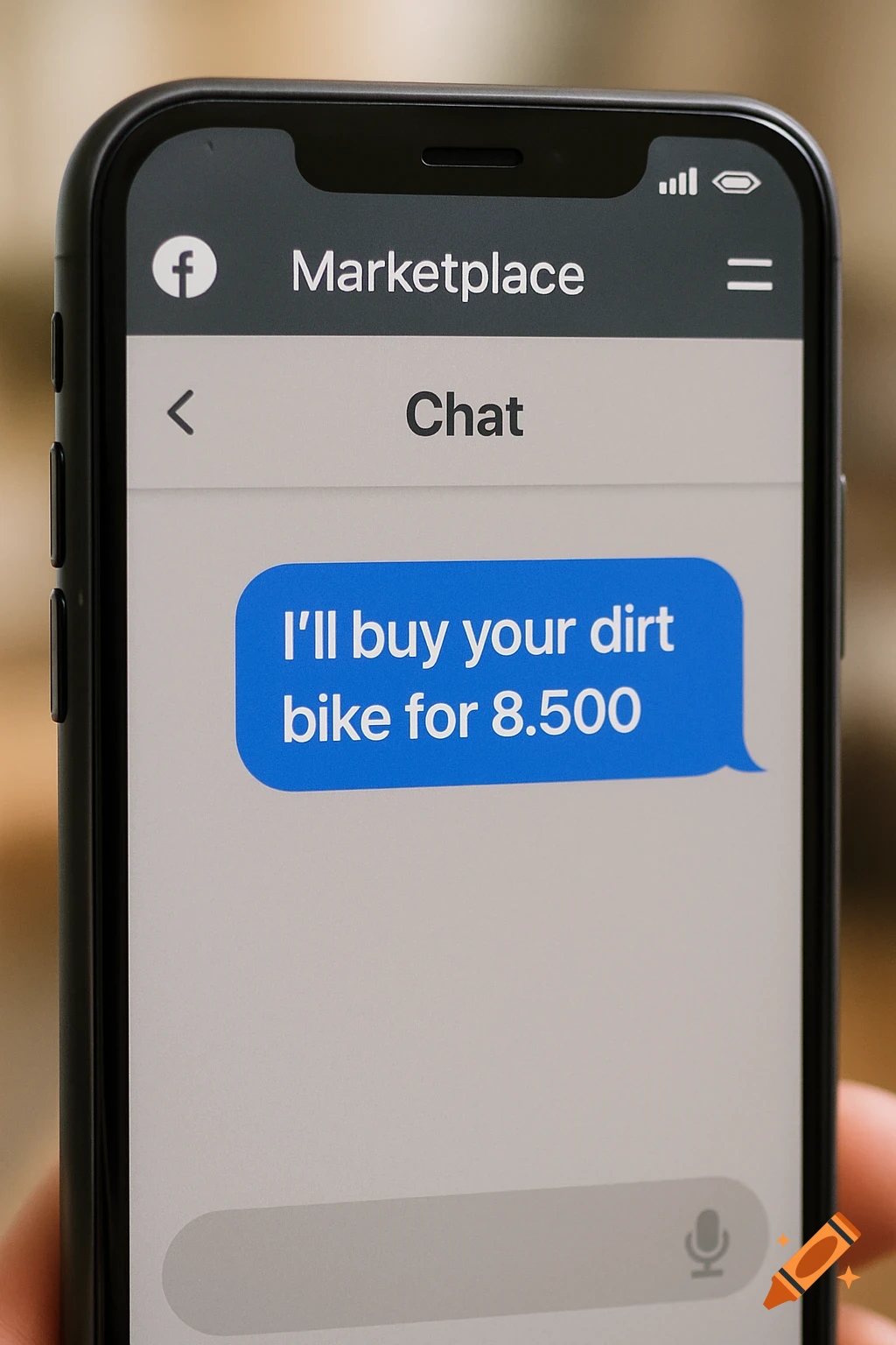 A close-up shot of a smartphone screen showing a Facebook Marketplace chat message.