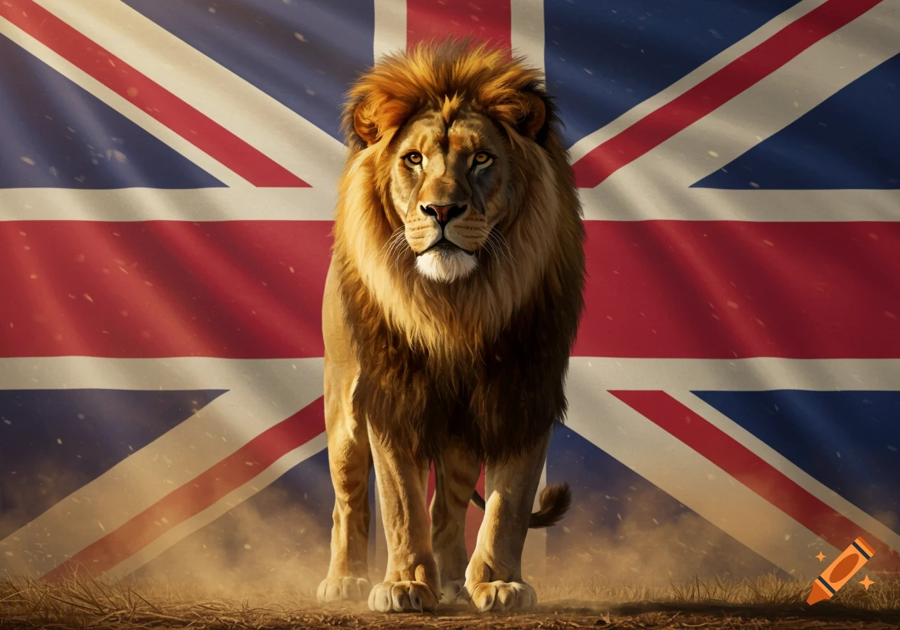 A powerful male lion stands regally against a large, waving British flag, with dust rising from the ground.