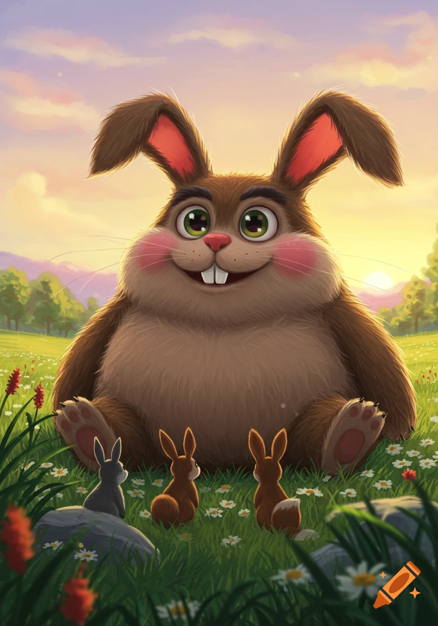 A large, smiling cartoon brown rabbit sits in a sunny green field with three smaller rabbits looking up at it.
