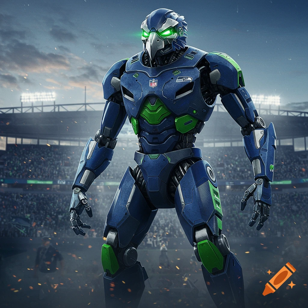 A towering blue and green robot with glowing eyes and NFL/Seahawks logos stands in a stadium full of cheering fans.