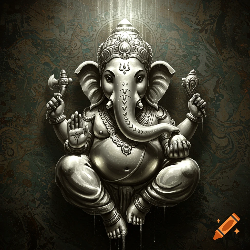 A silver statue of the Hindu deity Ganesha, depicted with an elephant head, sitting cross-legged, illuminated from above with a mysterious aura.