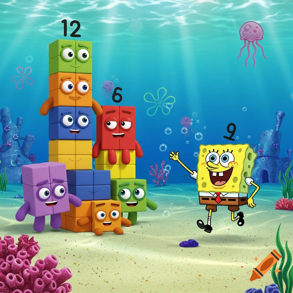 Cartoon image of SpongeBob and Numberblocks characters underwater with numbers 12, 6, and 9.